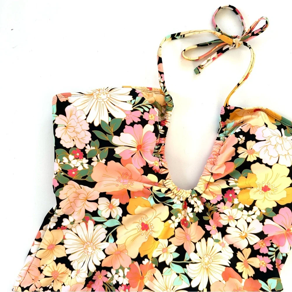 Shade & Shore Multi Yellow Floral Halter Keyhole Bandeau One Piece Swimsuit